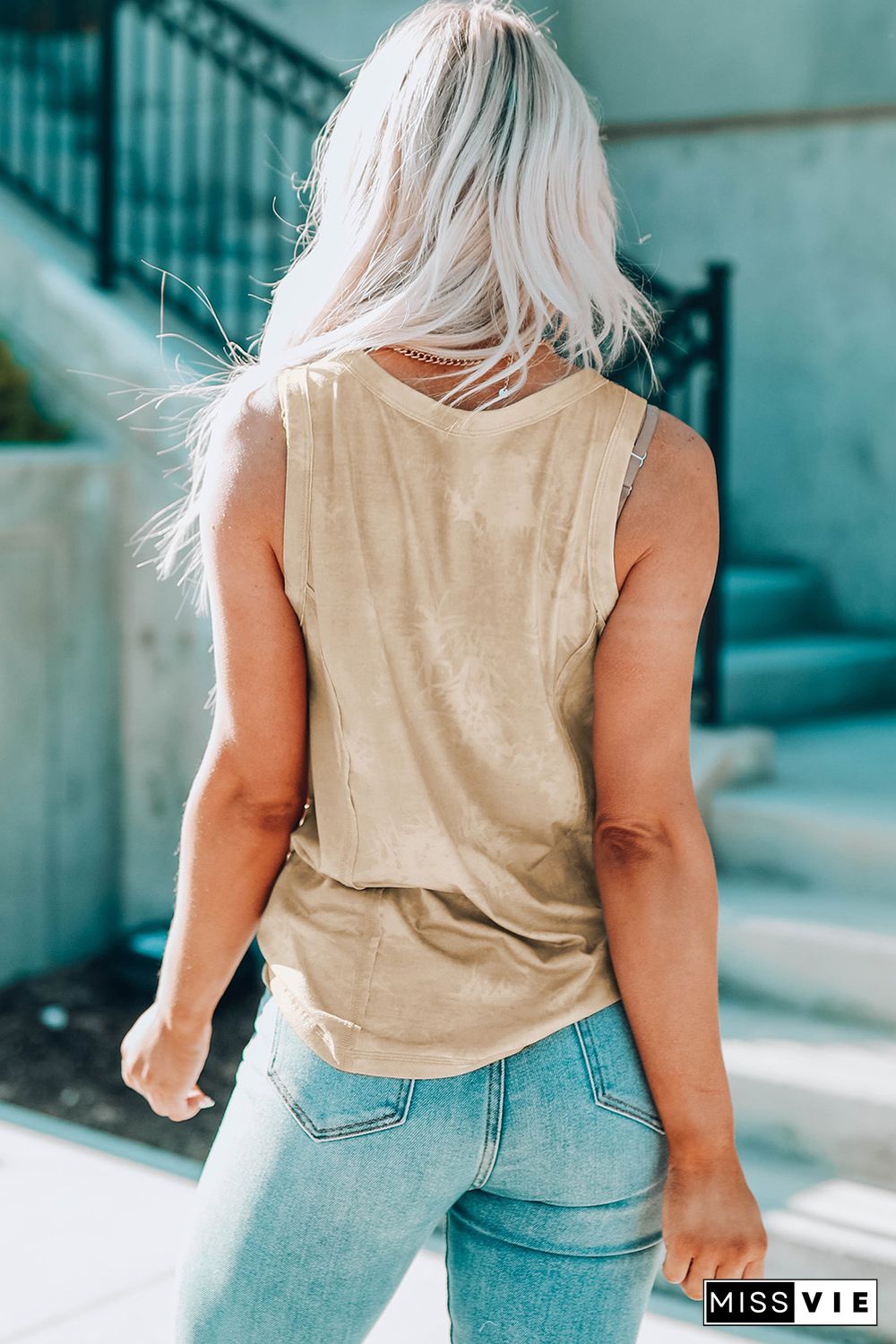 Khaki Tie Dye Print Seamed Crew Neck Tank Top