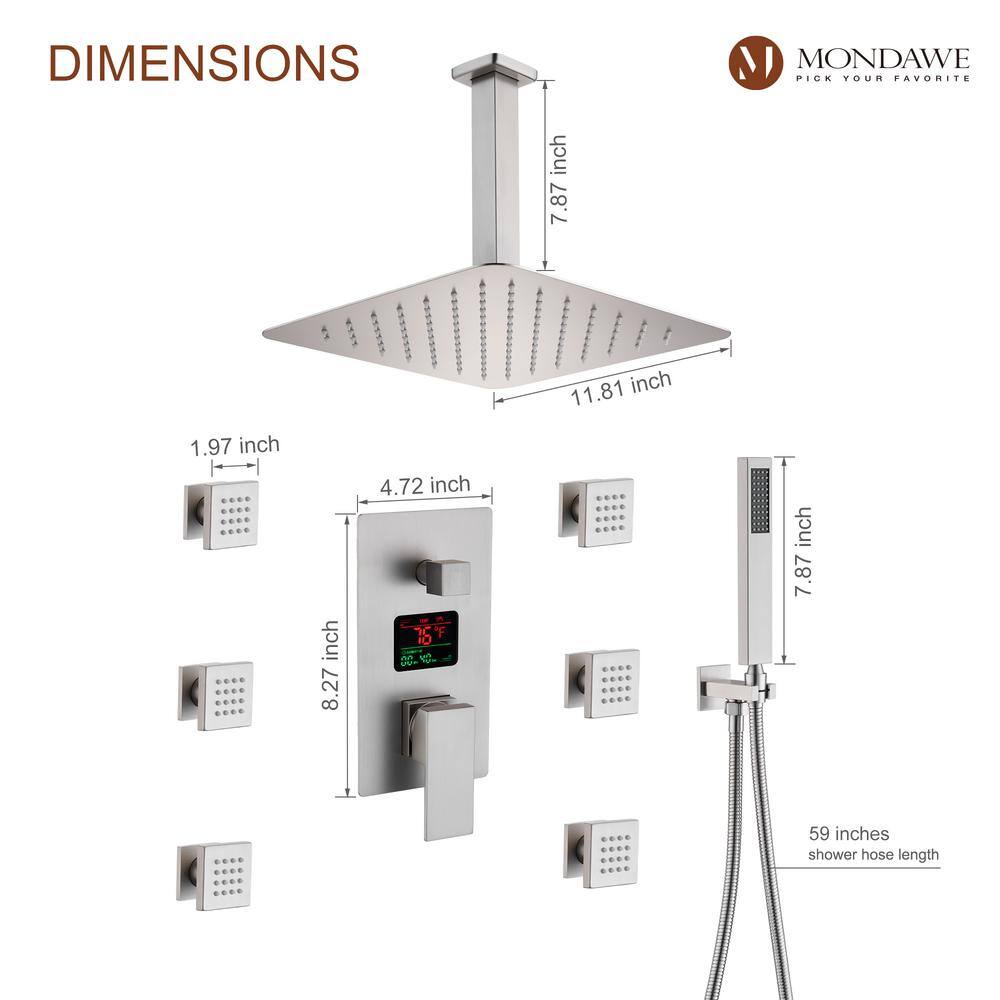 Mondawe LED Display 3 Spray Patterns 12in. Ceiling Mount Fixed and Handheld Shower Head in Brushed Nickel 2.5 GPM Valve Included WFNI6025-12BN