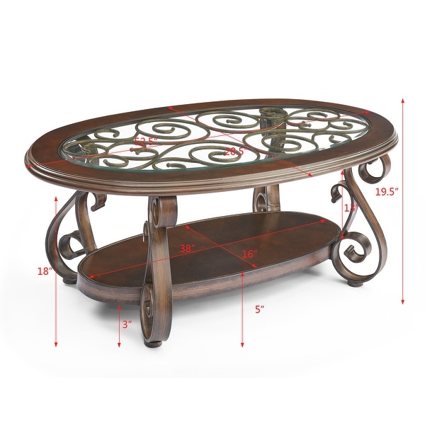 Oaks Aura Dark Brown French Country Coffee Table with Glass Table Top and Powder Coat Finish Metal Legs