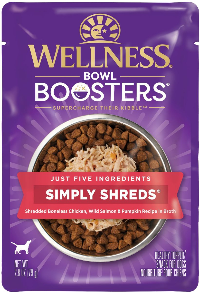 Wellness Bowl Boosters Simply Shreds Chicken， Salmon and Pumpkin Natural Grain Free Wet Dog Food Mixer or Topper， 2.8-oz pouch， case of 12