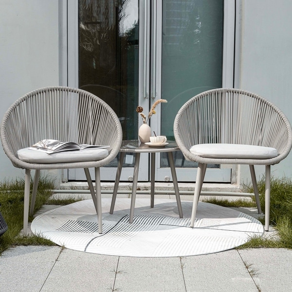 Outdoor 3 Pieces Patio Woven Rope Bistro Set with Cushions