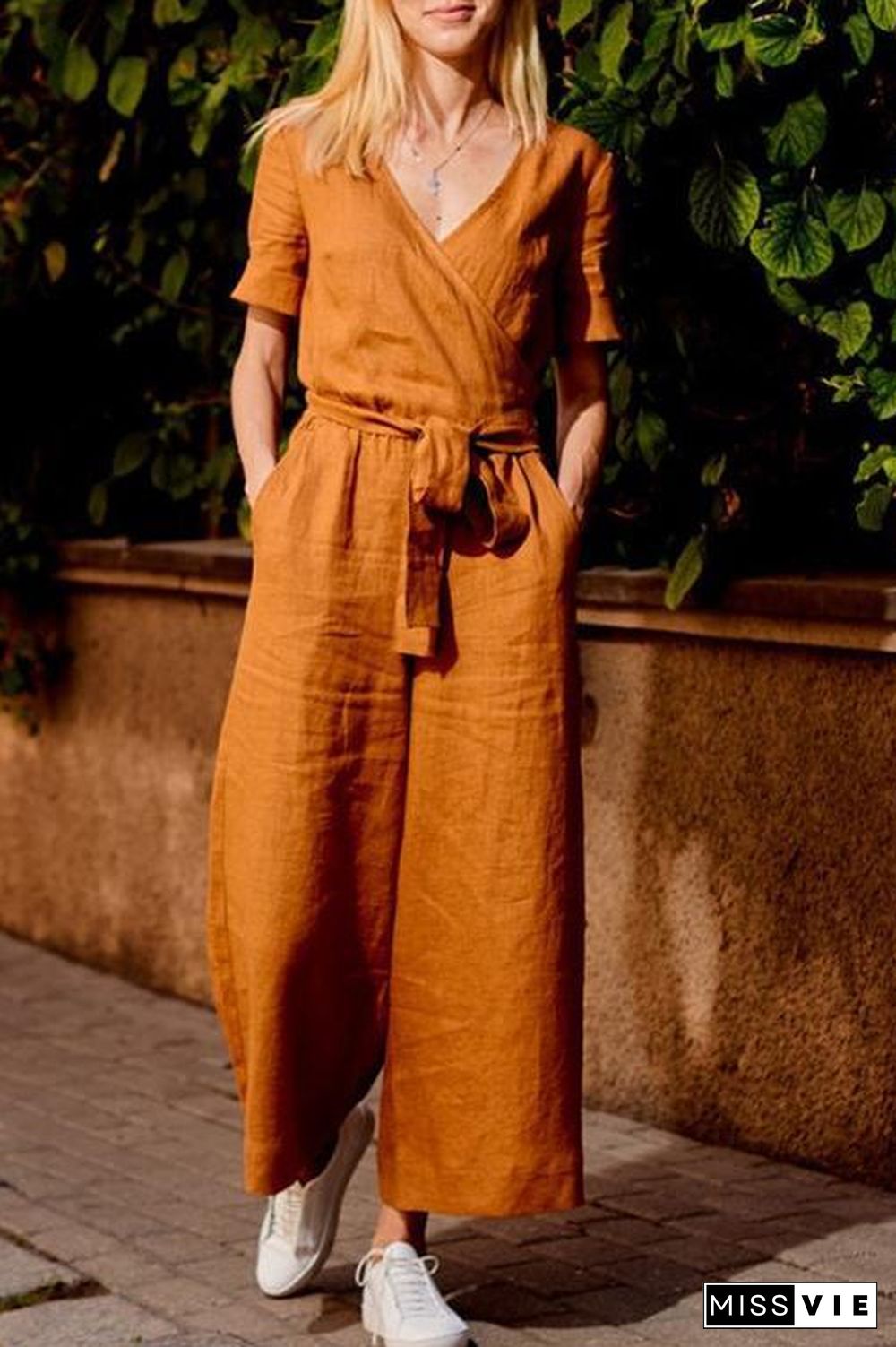 Loose Linen Wrap Jumpsuit