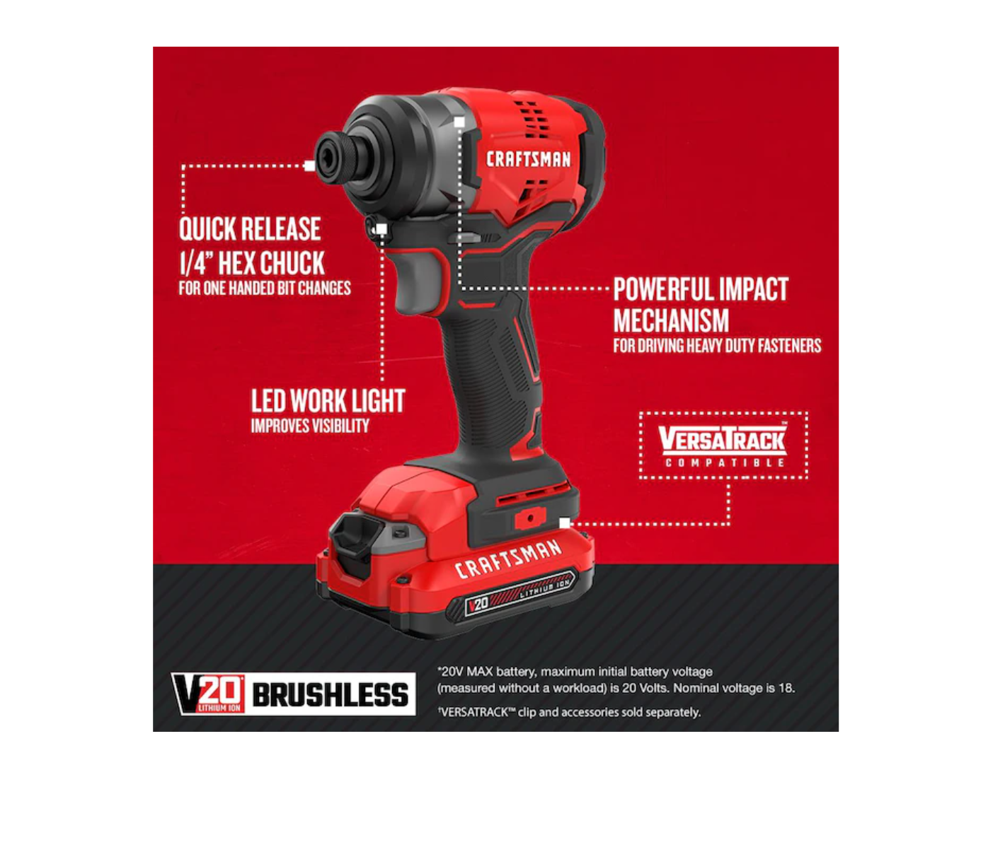 CRAFTSMAN CMCF810C1 V20 20-volt Max Variable Speed Brushless Cordless Impact Driver (1-Battery Included)