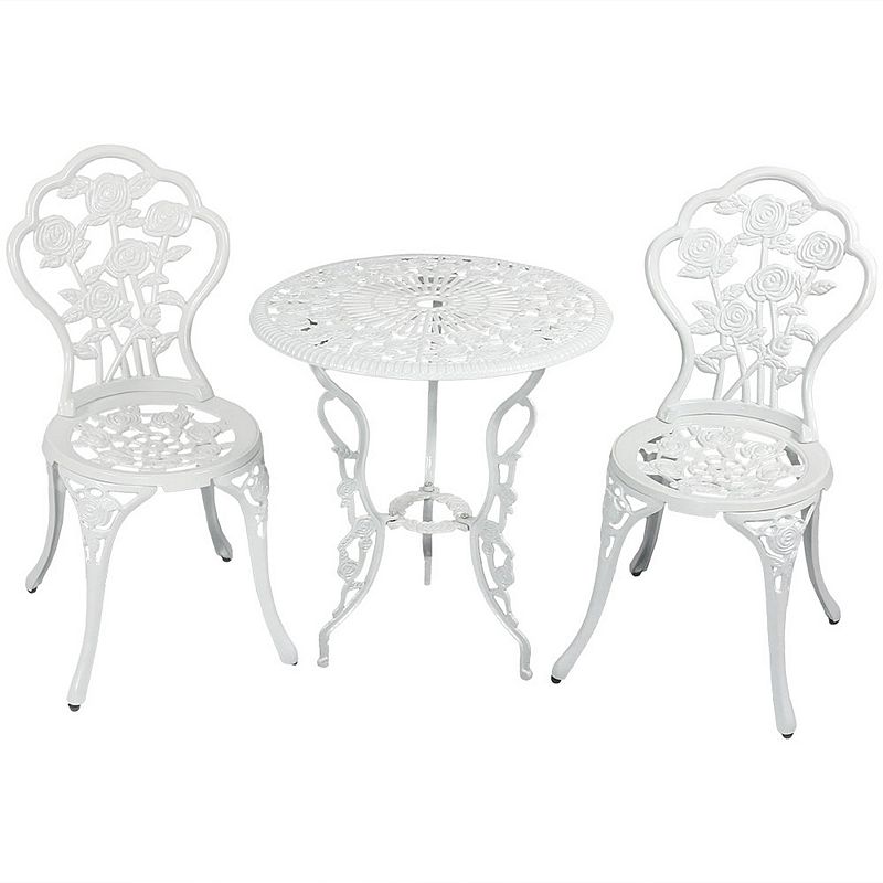 Sunnydaze Flower Design Cast Aluminum 3-Piece Patio Bistro Set - White