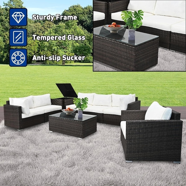 8Pieces Brown Wicker Outdoor Sectional Set with Glass Coffee Table