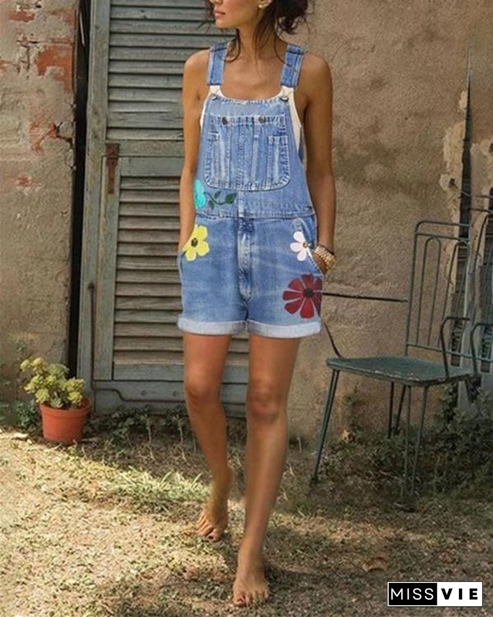 Sleeveless Short Denim Floral Floral-Print One-Pieces Jumpsuits