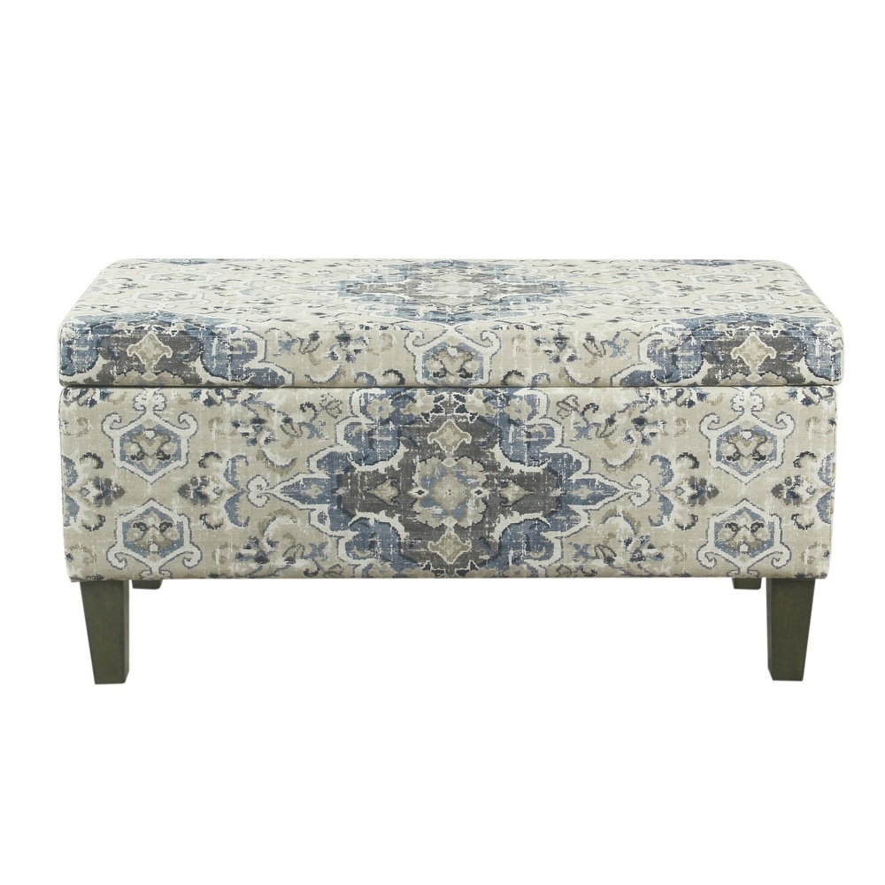 Medallion Print Fabric Upholstered Wooden Bench With Hinged Storage  Large  Blue and Cream   18 H x 36 W x 16 L Inches