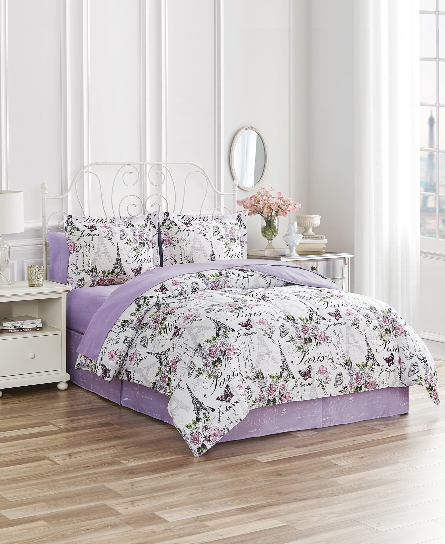 CEDAR COURT Paris Floral Lilac Ultra Soft Microfiber 6 Piece Reversible Comforter Bedding Set - Twin