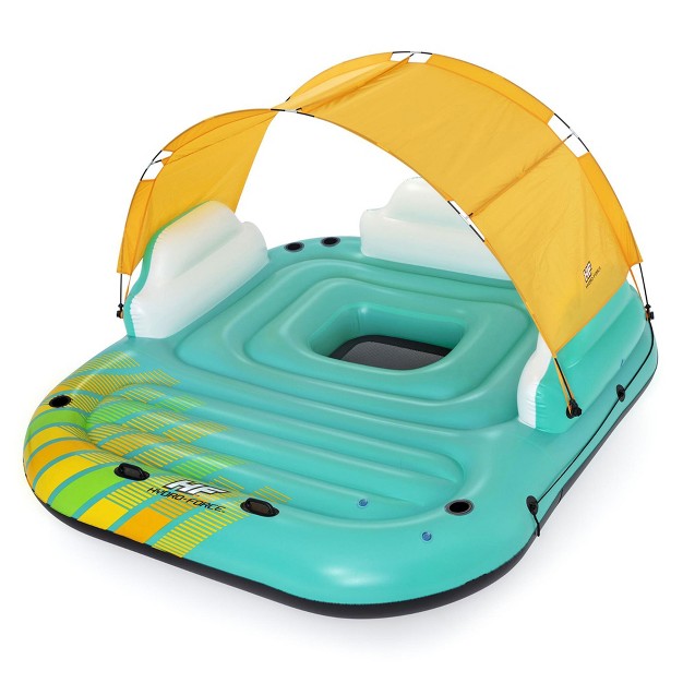 Bestway Hydro Force Sunny 5 Person Inflatable Large Floating Island Lake Water Lounge Raft With Cup Holders And Removable Sunshade Green