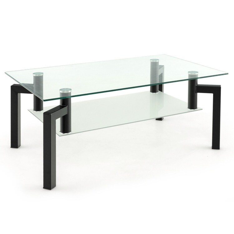 2-Tier Rectangular Glass Coffee Table with Metal Tube Legs-Black - 39.5