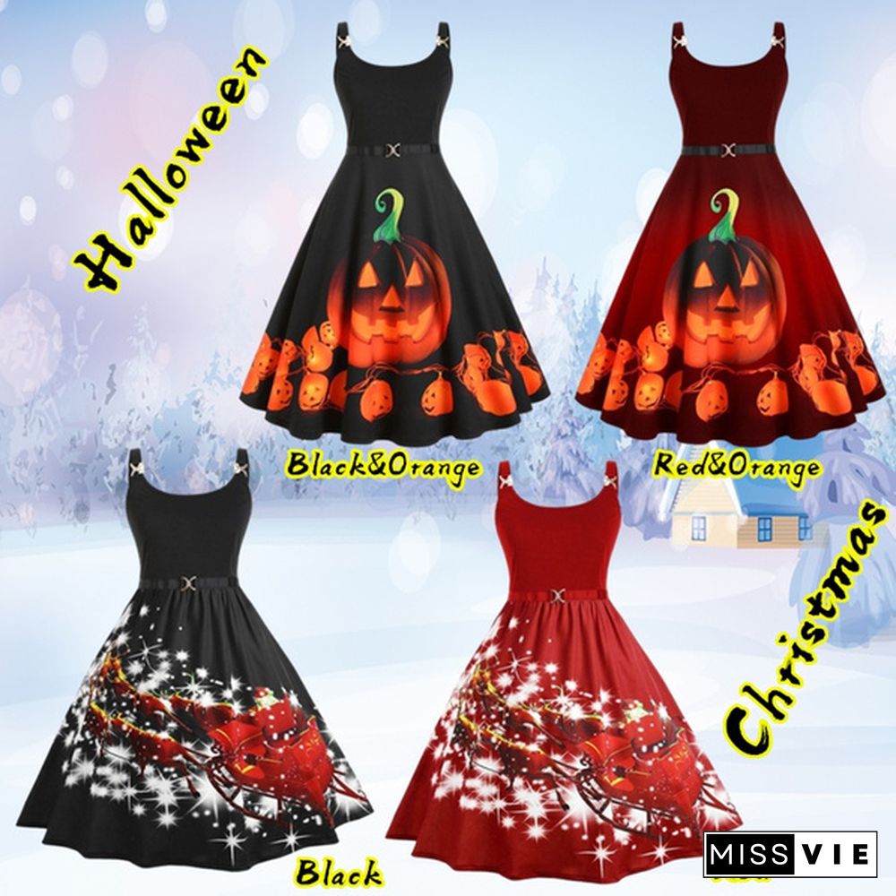 Plus Size Fashion Women Pumpkin Elk Santa Print Dress Autumn and Winter Halloween Christmas Costume Sleeveless Dresses Casual Swing Party Dress