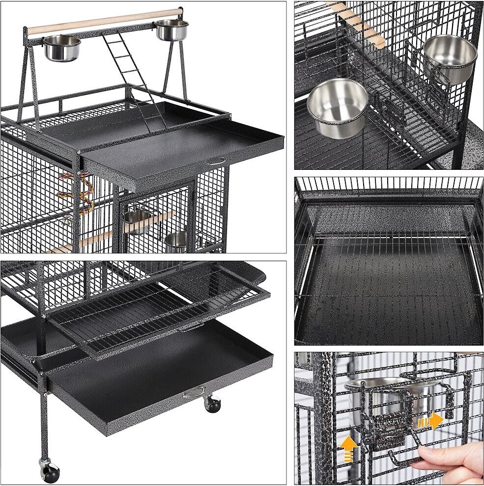 Yaheetech 68.5-in Rolling Bird Cage and Playtop， Hammertone Black