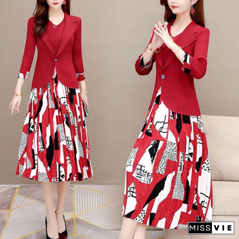 Office Lady Two Piece Sets Women Outfit Fashion 3/4 Sleeve Blazer And Sleeveless Spliced Print Pleated Dress Suits Spring Autumn