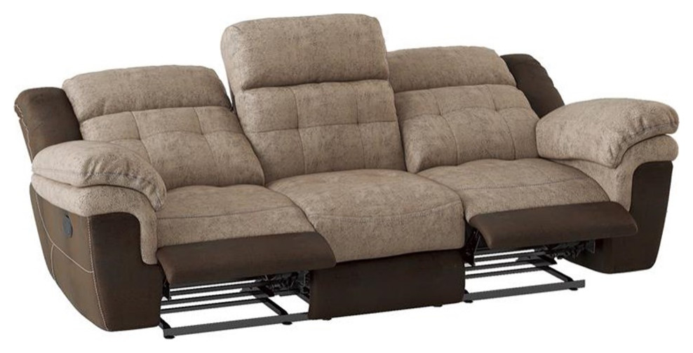 Lexicon Chai Traditional Microfiber Double Reclining Sofa in 2 Tone Brown   Transitional   Sofas   by Homesquare  Houzz