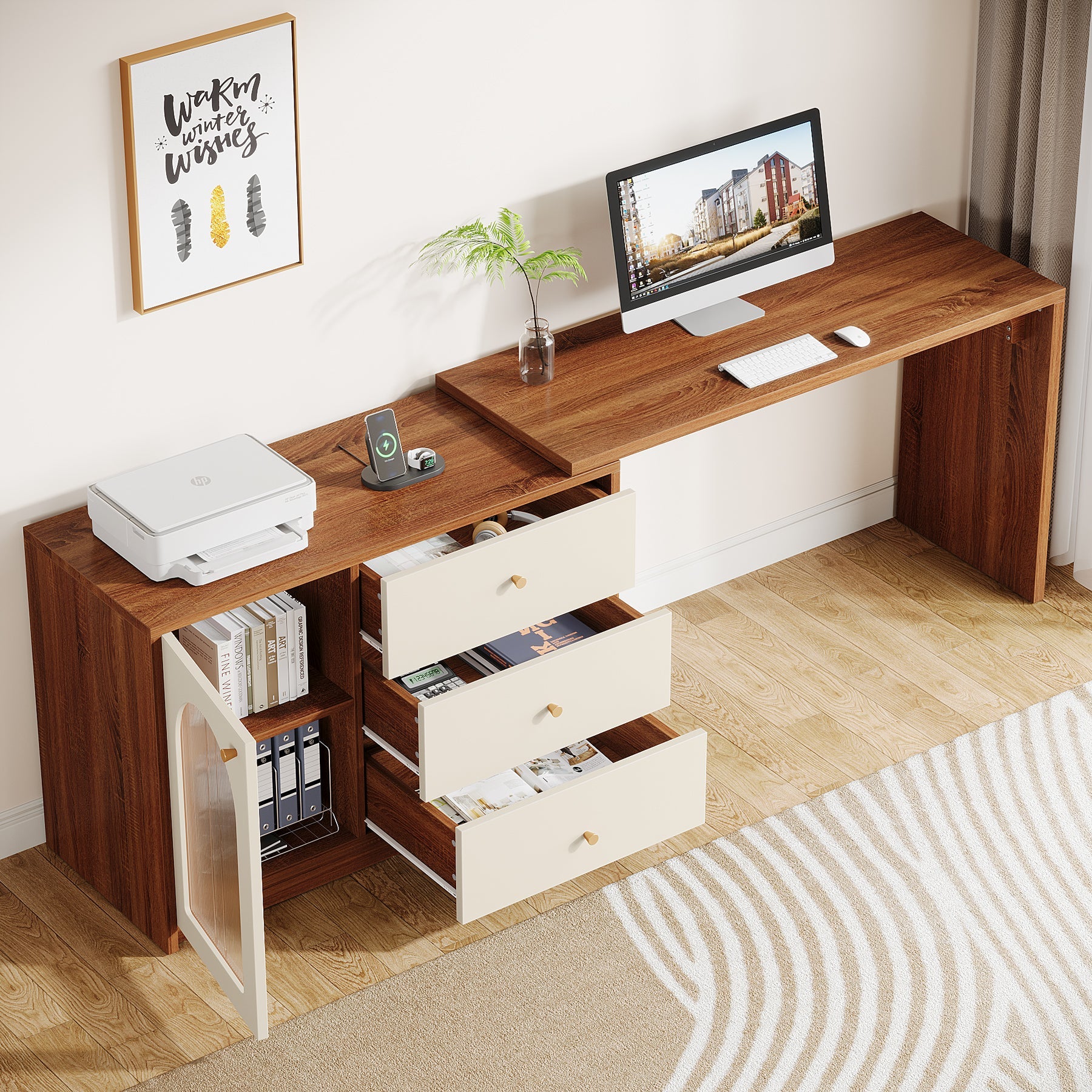 L-Shaped Computer Desk, Corner Office Desk with Reversible Storage Cabinet