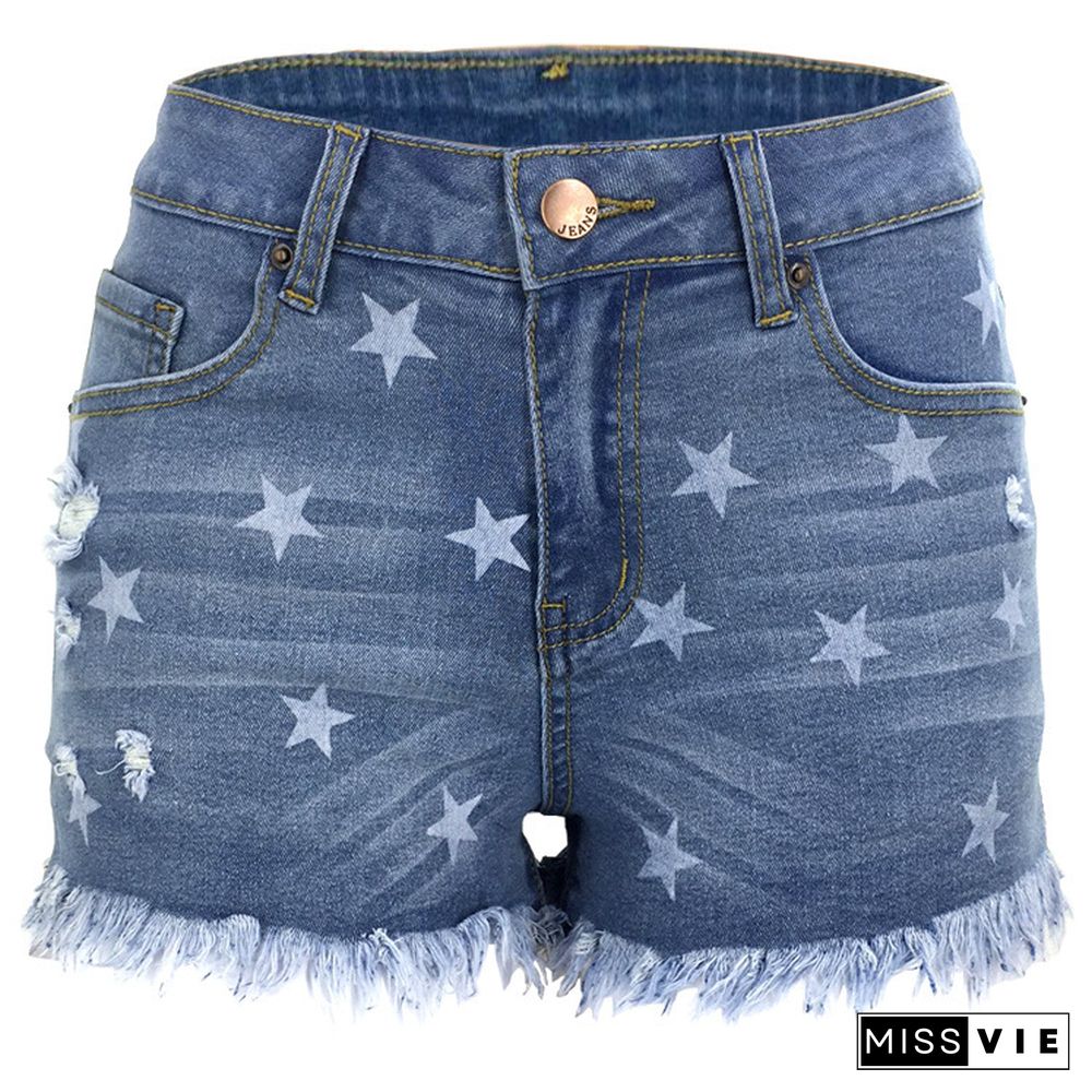 Light Blue Star Print Shorts Jeans with Tassel