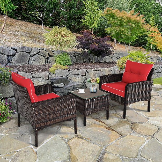 Tangkula 3pcs Outdoor Patio Rattan Wicker Conversation Set W cushions