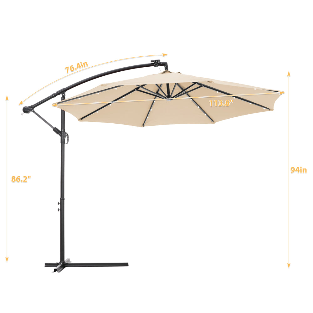 9.5ft Solar Led Lighted Patio Umbrella Outdoor Vented Table Umbrella with 24 LED Lights Push Button Tilt/Crank 8 Sturdy Ribs for Garden Backyard Deck Pool Sun Shade, Tan