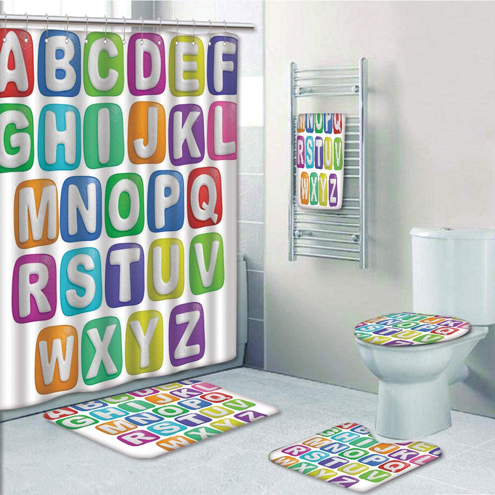 PRTAU Letter Cartoon Colorful Alphabet Squares Children Kids Nursery Kindergarten 5 Piece Bathroom Set Shower Curtain Bath Towel Bath Rug Contour Mat and Toilet Lid Cover