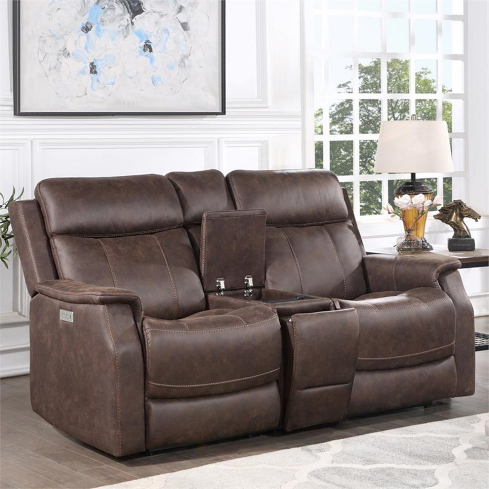 Bowery Hill Faux Leather Dual Power Reclining Console Loveseat in Mahogany   Contemporary   Loveseats   by Homesquare  Houzz