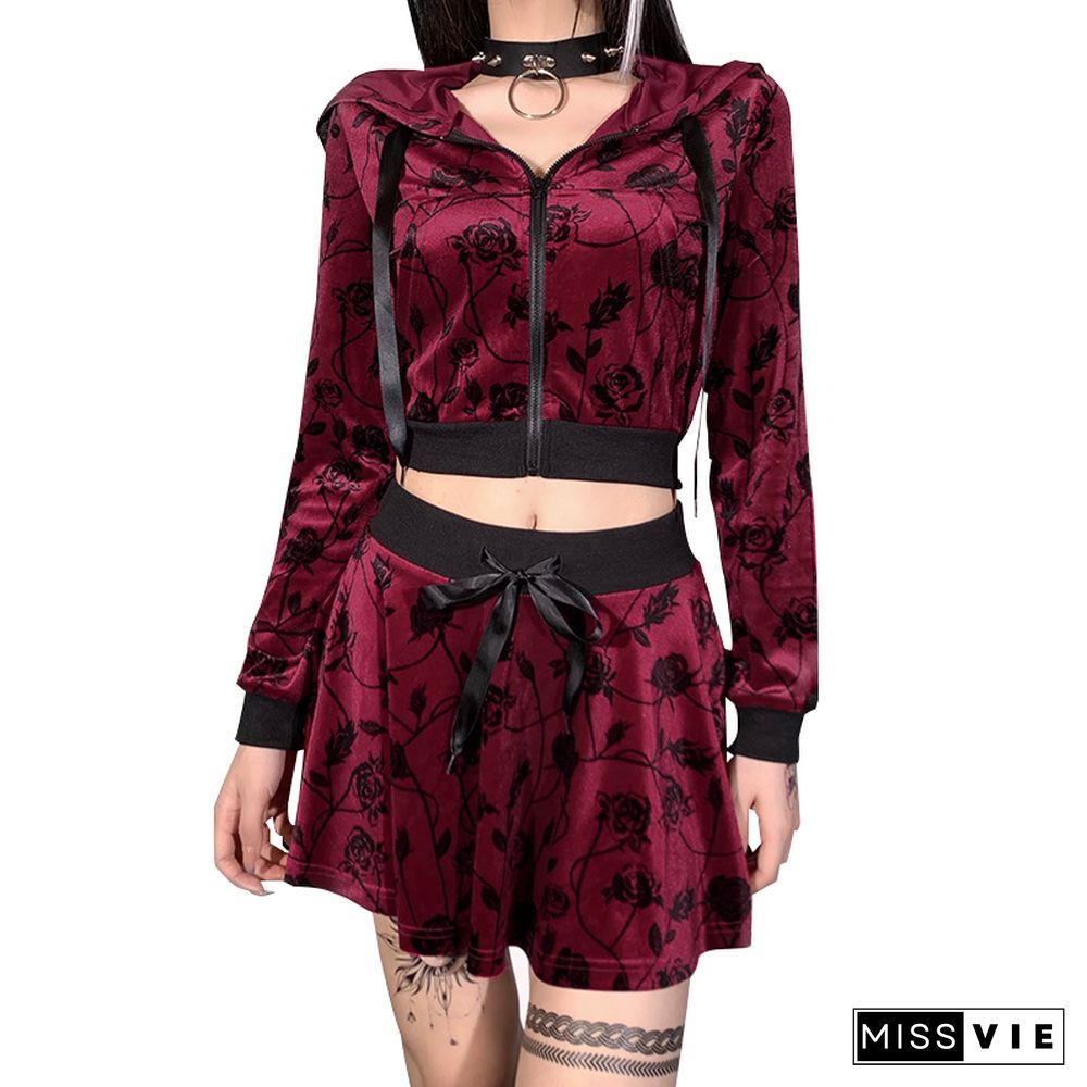 Gothic Harajuku Two Pieces Sets Women Streetwear Mall Goth Punk Vintage Long Sleeve Hoodie High Waist Mini Skirt Suits