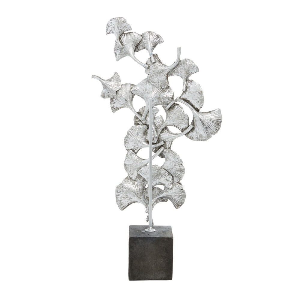 Silver Polystone Floral Sculpture with Black Block Base   10 x 3 x 19