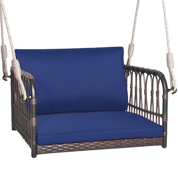 Costway Porch Swing Chair Rattan Woven Hanging Bench Seat With Cushions Hooks Balcony Navy