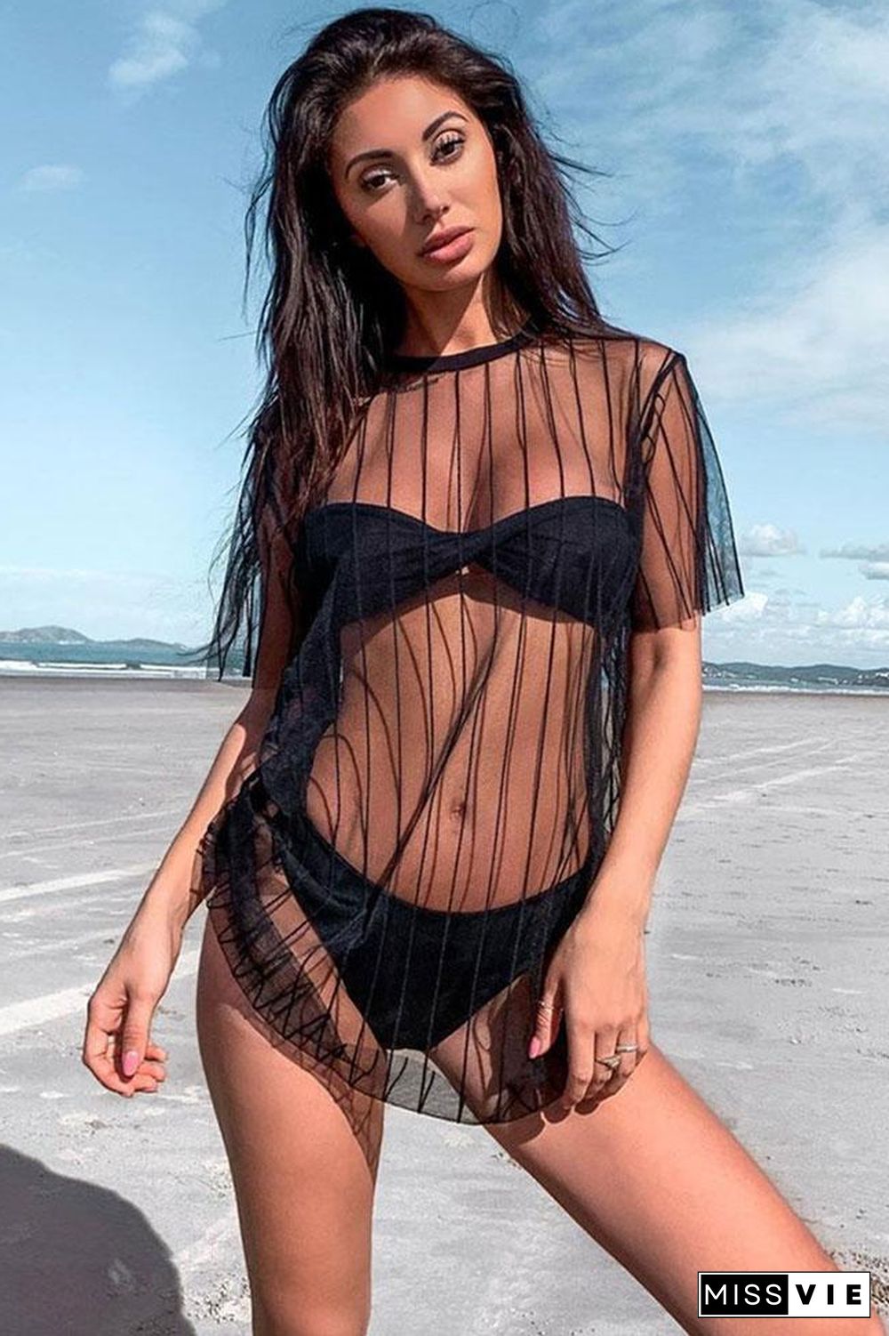 Striped Sleeved Sheer Mesh Cover Up