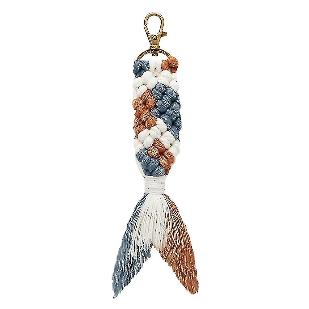 Mini Macrame Mermaid Keychains Boho Tassel Bag Charms， Gray-coffee