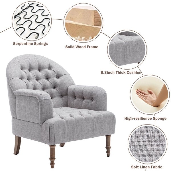 Linen Button-Tufted Upholstered Chair with Ottoman， Mid-Century Modern Style， Chair Legs are Made of Solid Wood