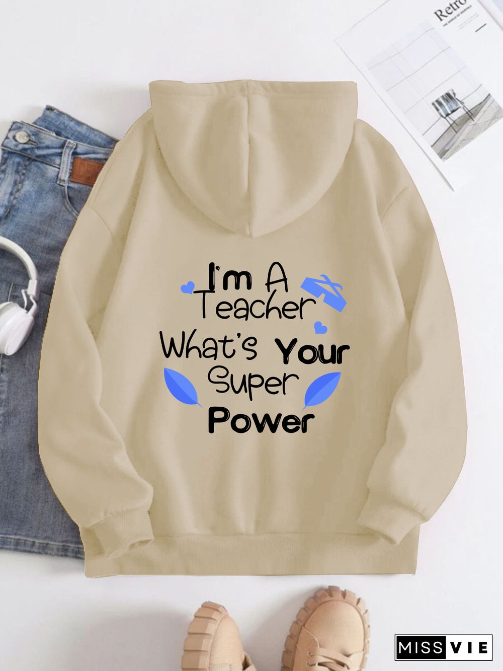 Printed on the Back Kangaroo Pocket Hoodie Long Sleeve for Women Pattern I am a super teacher