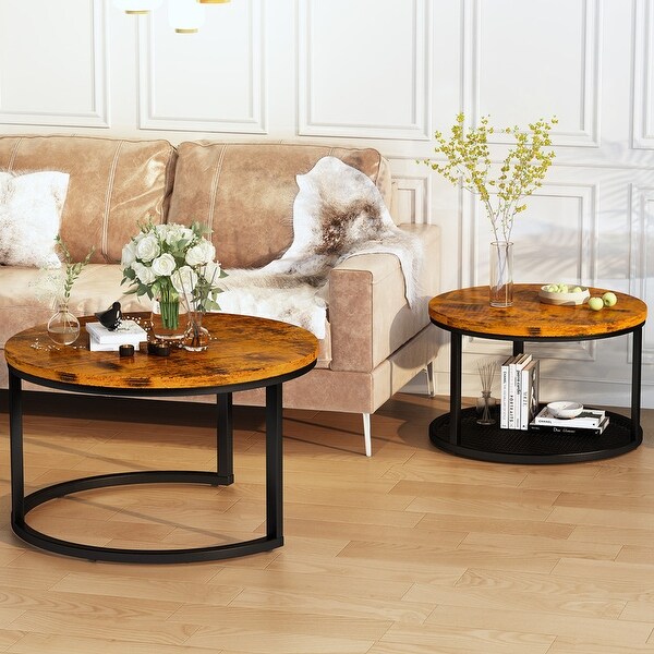 Stylish Round Coffee Table Set Nesting Coffee Tables with Metal Frame and 1 Metal Mesh Shelf (Set of 2)