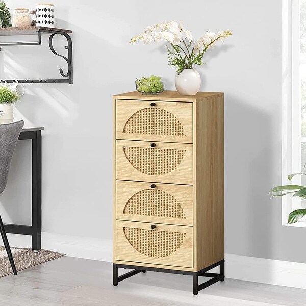 Boho Dresser Tower， Free Standing Storage Cabinet with 4 Rattan Drawers， Hallway Wooden Tall Storage Dressers Drawer Units - - 35711439