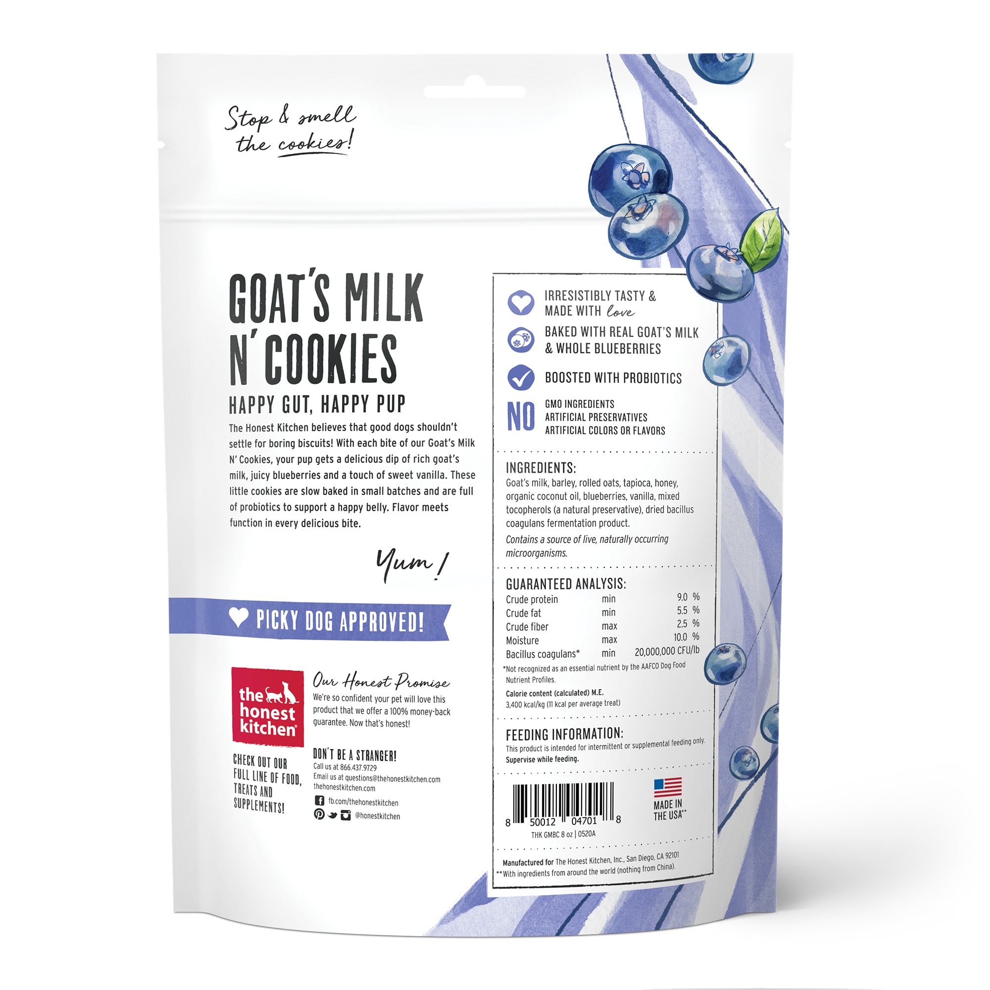 The Honest Kitchen Goats Milk N Cookies: Slow Baked with Blueberries  Vanilla Dog Treats， 8 oz.