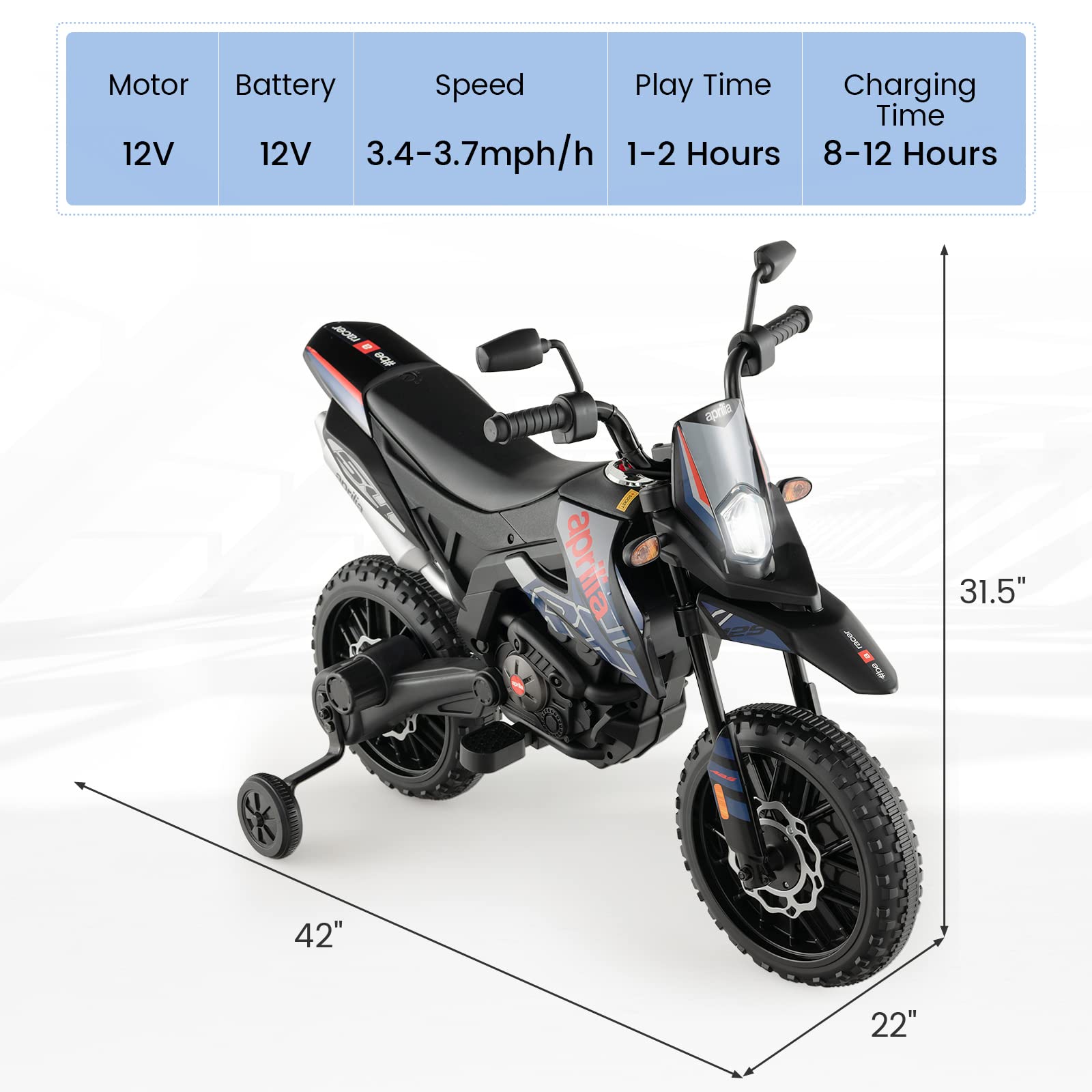 Costzon 12V Kids Motorcycle with Training Wheels, Licensed Aprilia Battery Powered Toddler Motorbike w/Light, Music