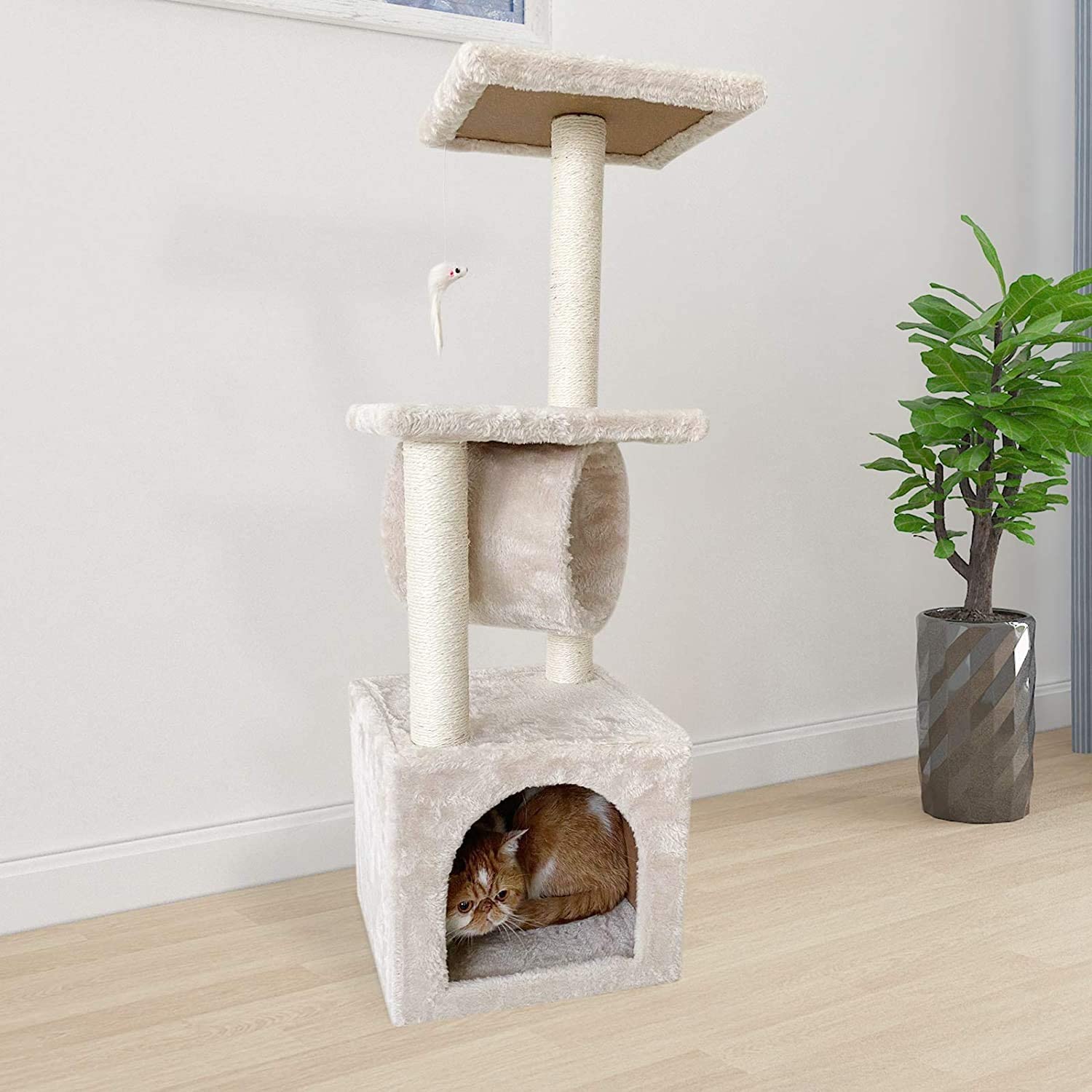 Confote 35.4-in Cat Activity Tree Climb Tower Play House Condo Furniture for Small and Medium Cat, Beige White