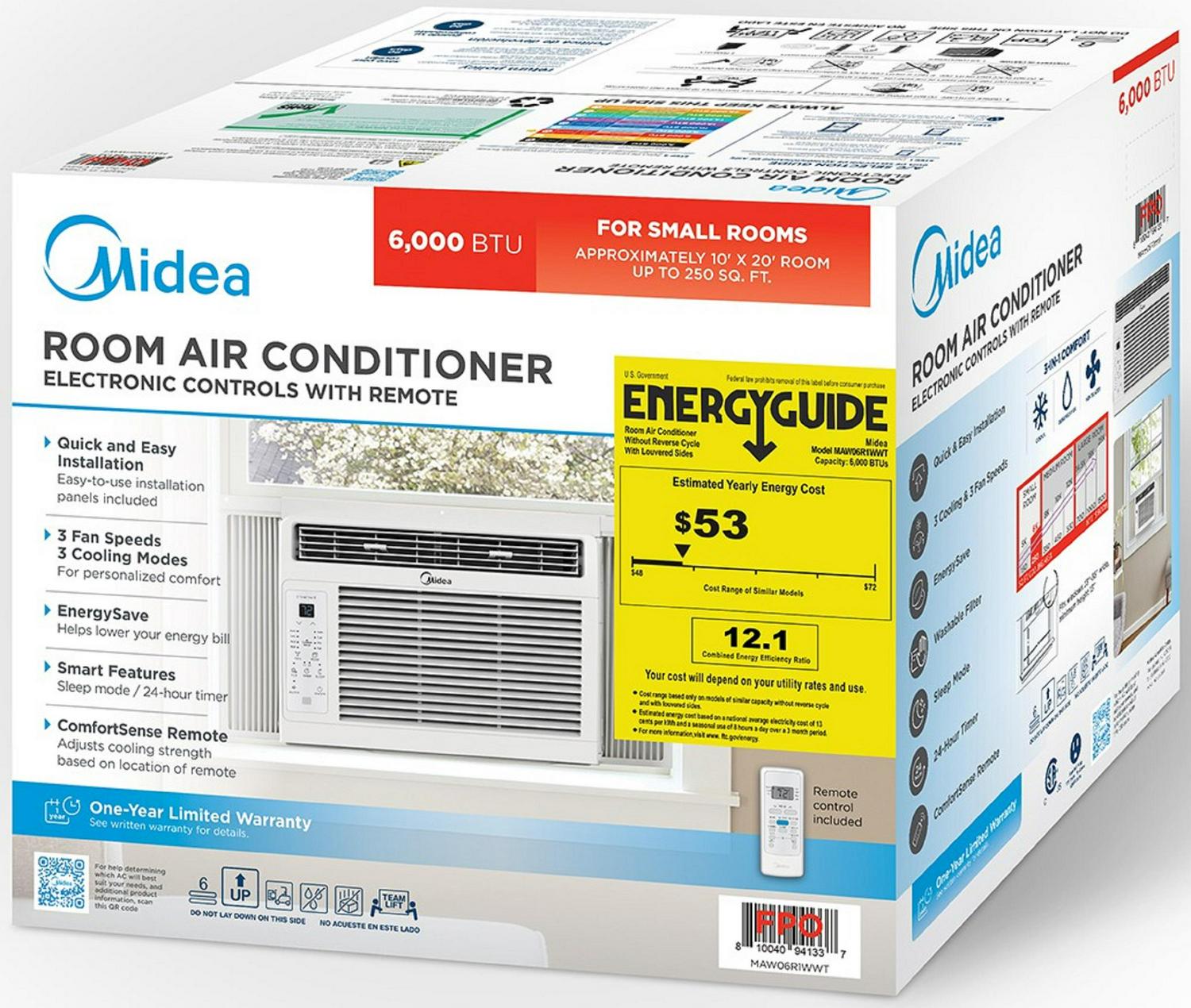 Midea 6，000 BTU 115V Window Air Conditioner with Comfort Sense Remote， White， MAW06R1WWT