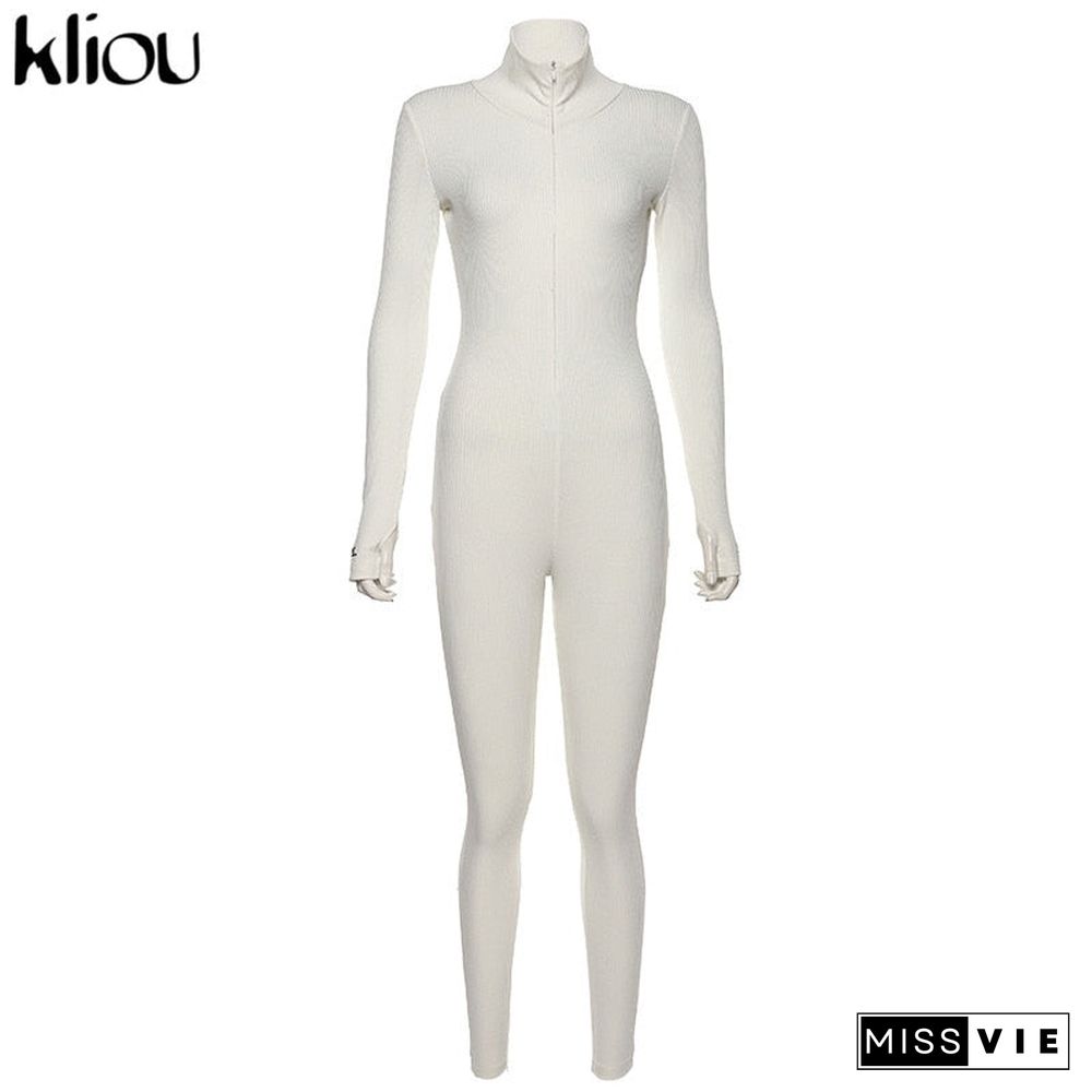 Kliou solid turtleneck full sleeve jumpsuits classic one piece women fitness slim rompers zipper long overall skinny jogger