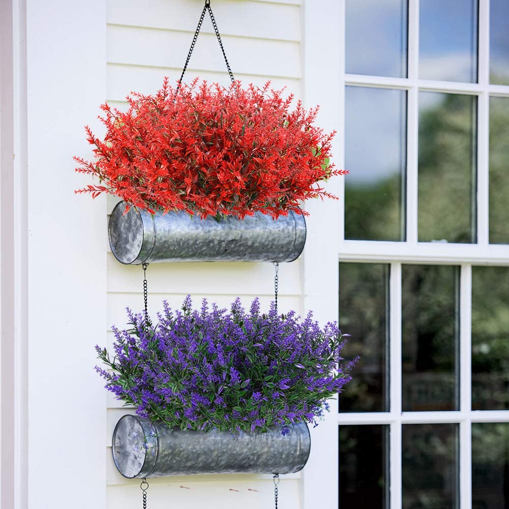 Sinhoon 8 Bundles Outdoor Artificial Lavender Fake Flowers UV Resistant Shrubs, Faux Plastic Greenery for Indoor Outside Hanging Plants Garden Porch Window Box Home Wedding Farmhouse Decor (Red)