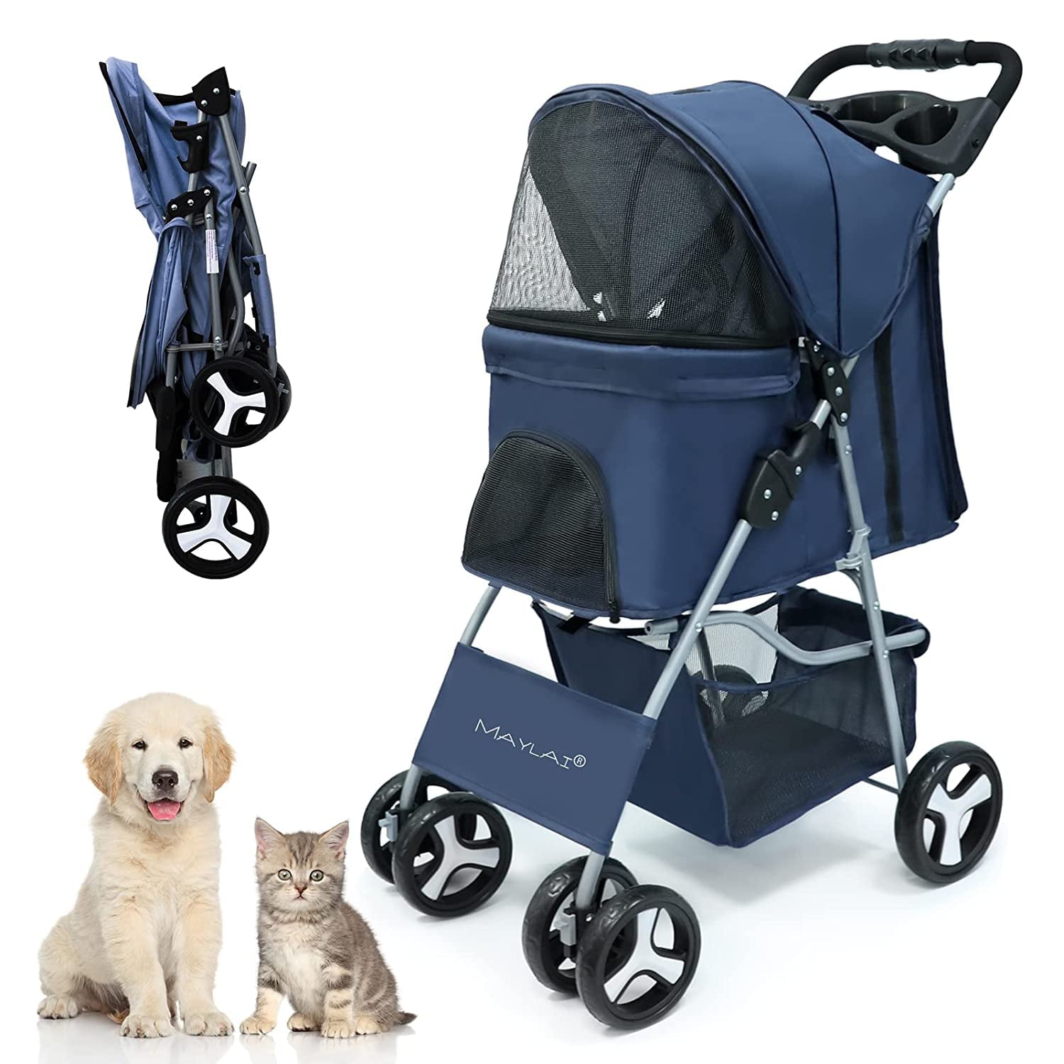 Maylai Pet Stroller for Small Cat/Dog - Lightweight Foldable with Storage Basket and Cup Holder (Navy Blue)