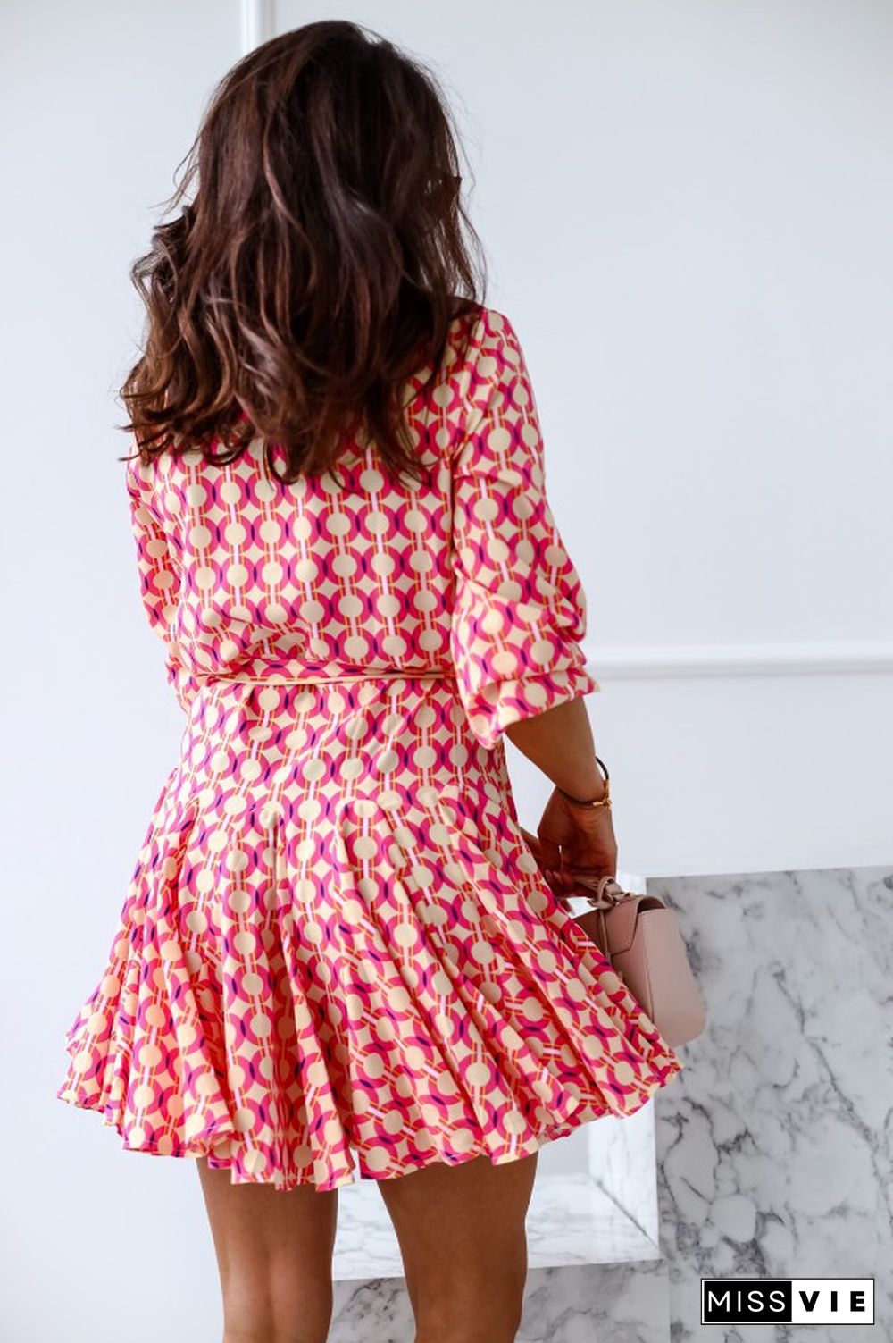 Long Sleeved Printed Waistband Shirt Dress