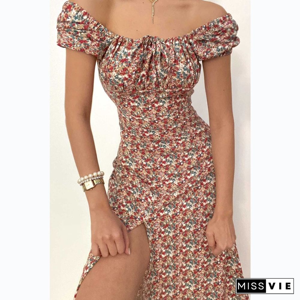 Elegant Floral Print Hem Split Dresses Women Summer Dress New Strapless Short Puff Sleeves Sexy A-line Midi Dress