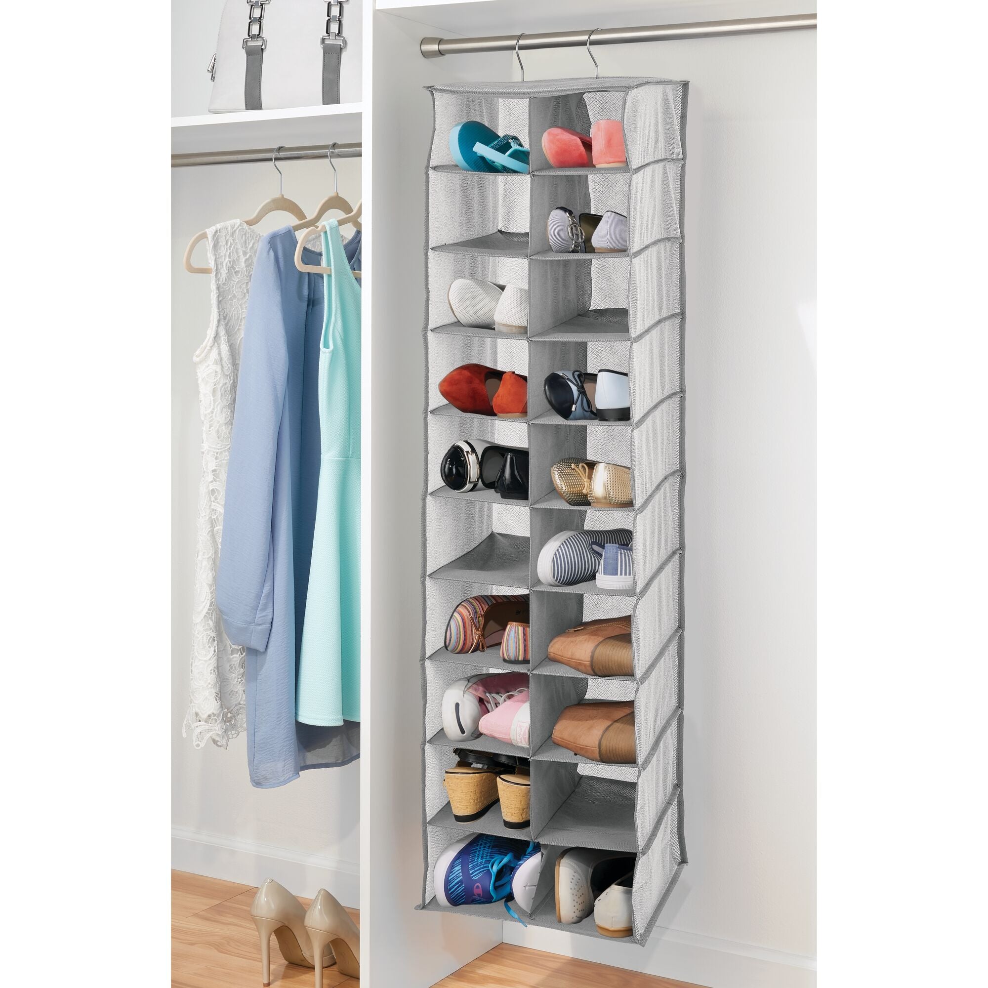 mDesign Soft Fabric Closet Organizer - Holds Shoes， Handbags， Clutches， Accessories - Large， 20 Shelf Over Rod Hanging Storage Unit - Gray