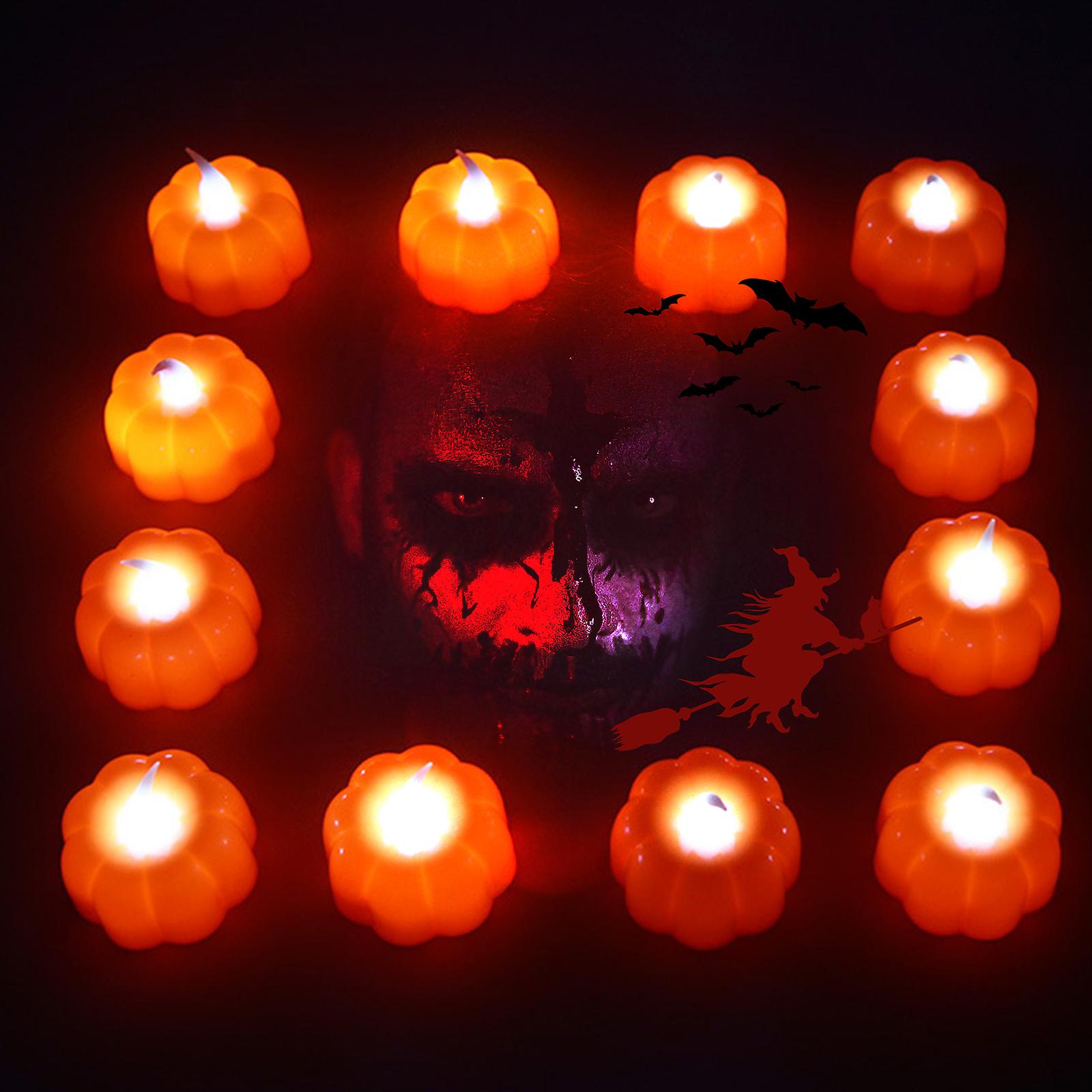 Orange 12 Pack Halloween Led Tealight Candles Pumpkin Shaped Flameless Candle Light Battery-powered Flickering Decorative Pumpkin Lights For Halloween