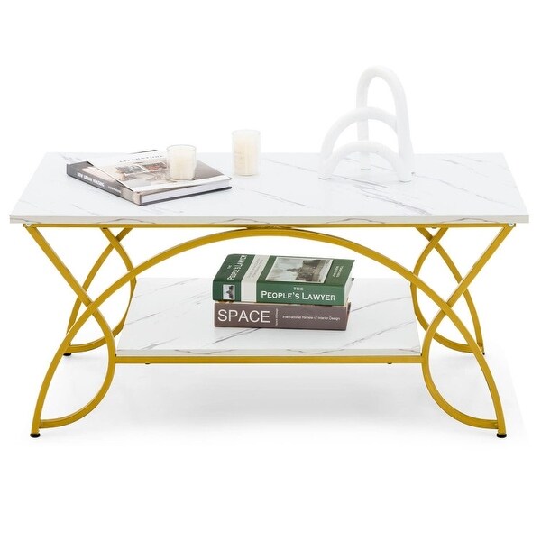 Modern Faux Marble 2 Tier Coffee Table with Metal Curved Legs