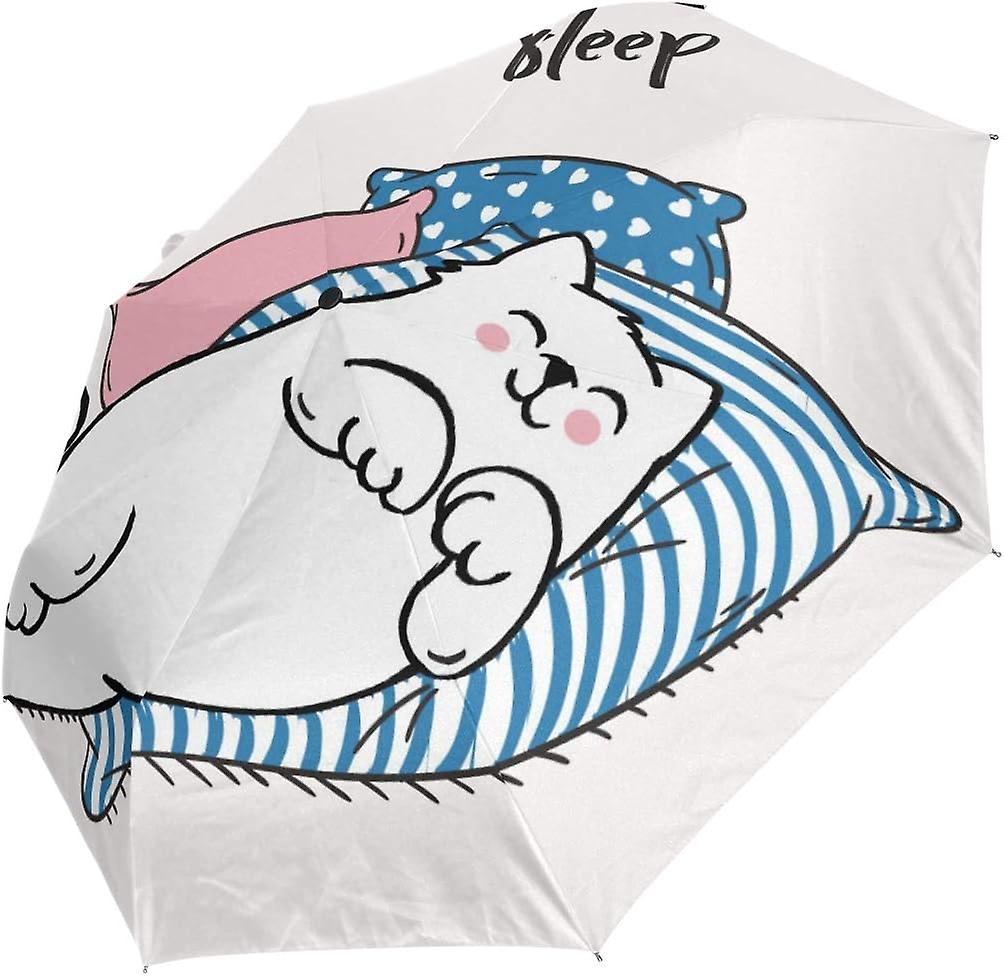 Travel Umbrella Automatic Windproof Foldable Umbrella Lazy Sleeping White Cat Lying