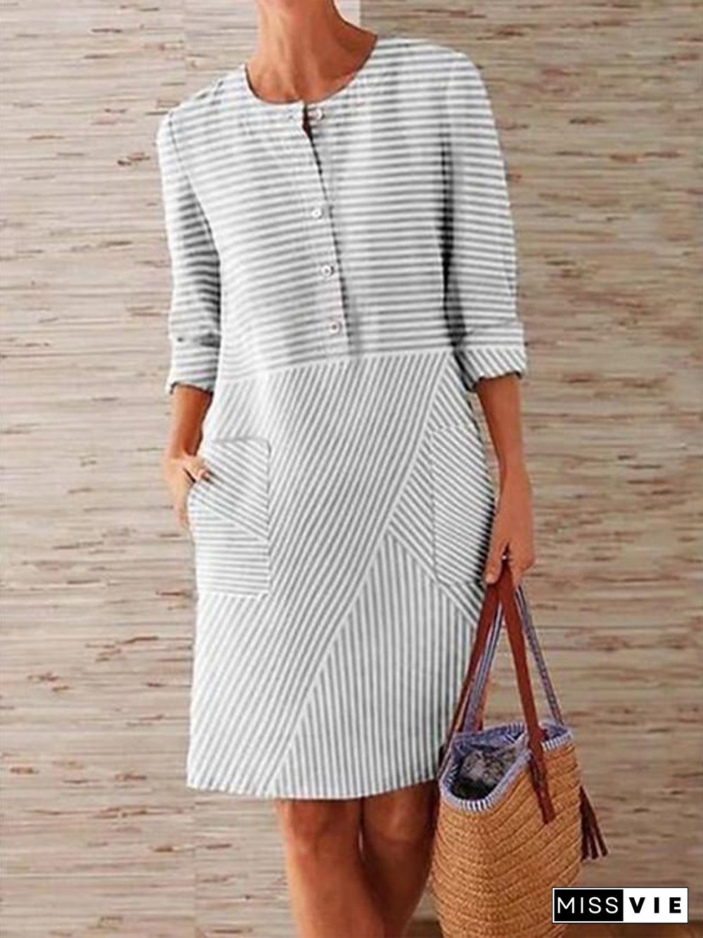 Women's Shift Dress Knee Length Dress - 3/4 Length Sleeve Striped Solid Color Summer Casual Holiday Loose Dress