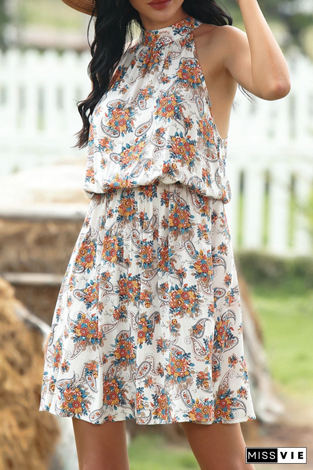 Elegant Floral O Neck Waist Skirt Dresses