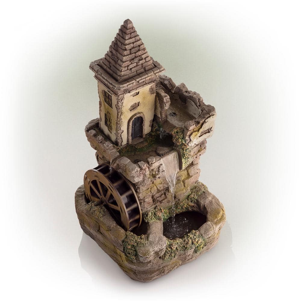 Alpine Corporation 35 in. Tall Outdoor Fairy Castle Waterwheel Tiered Fountain Yard Art decoration USA1164