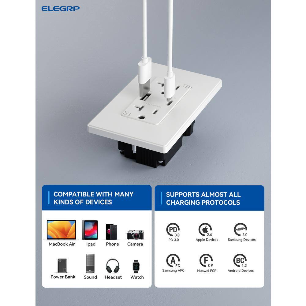 ELEGRP 30-Watt Type A  Type C USB Duplex Wall Outlet for PD and QC 20 Amp Receptacle wWall  Plate (1-Pack White) ER30WAC20-0101